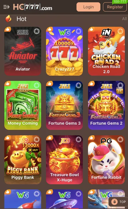 HC 777  Game lobby showing available game categories
